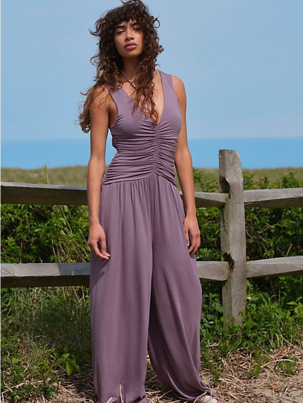 Free People Kit Open-Back One-Piece Sleeveless Ruched V-Neck Wide-Leg Jumpsuit L